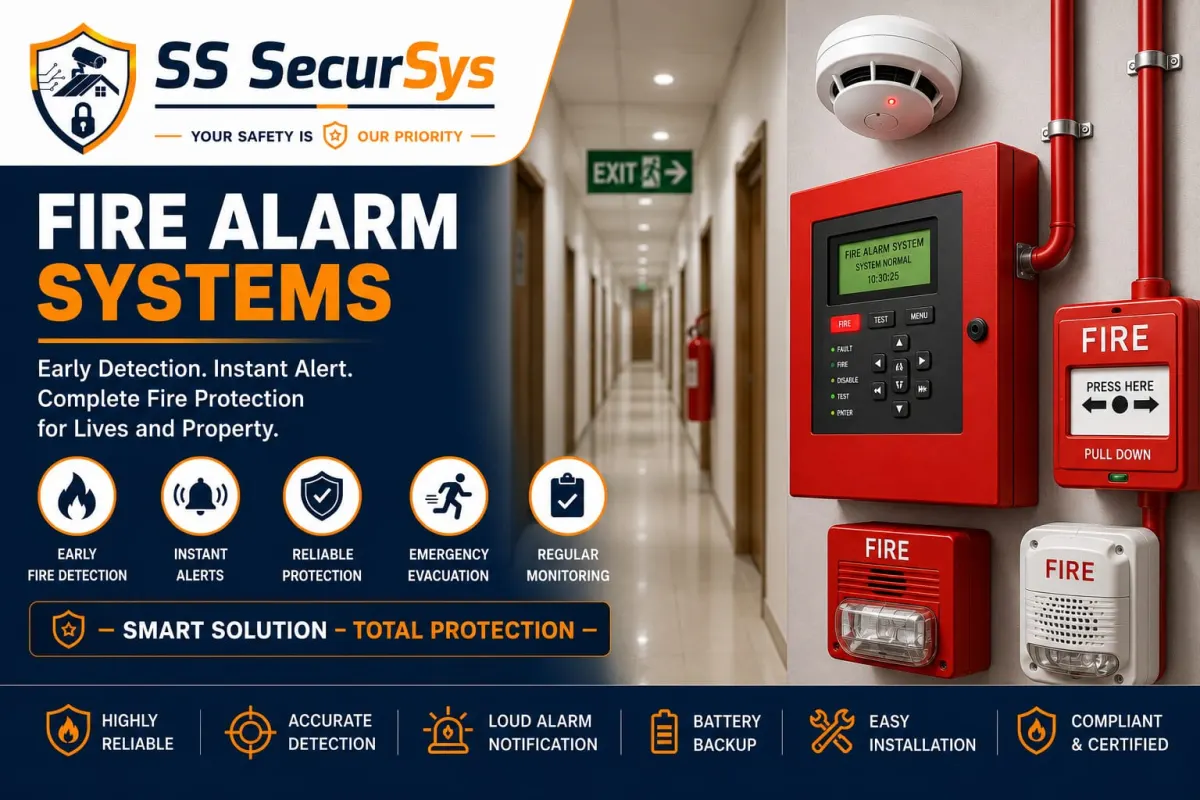 SS SecurSys fire alarm system — control panel, detectors, hooter and call point