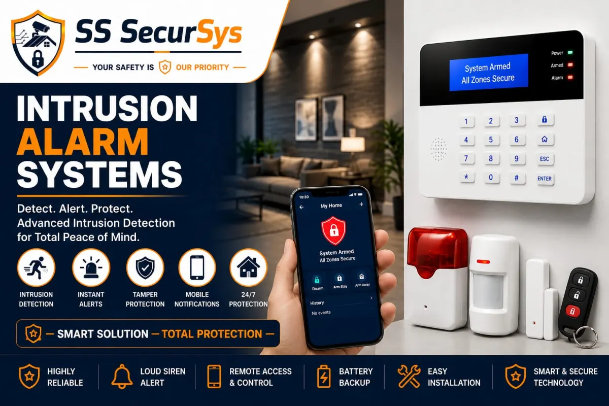 SS SecurSys intrusion alarm system — control panel, sensors, siren and remote